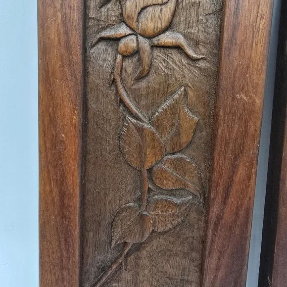 2 Antique Vtg Handcarved Wooden Panel Upcycled Plant Flower Wall Hangings